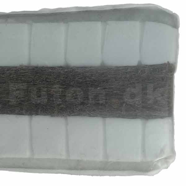 indeholder: 2 lag Uld / 8 cm Natur LATEX / 4 cm Vulkaniseret KOKOS. Den har en tykkelse på ca. 14 cm. En helt igennem naturmadras med lang levetid.